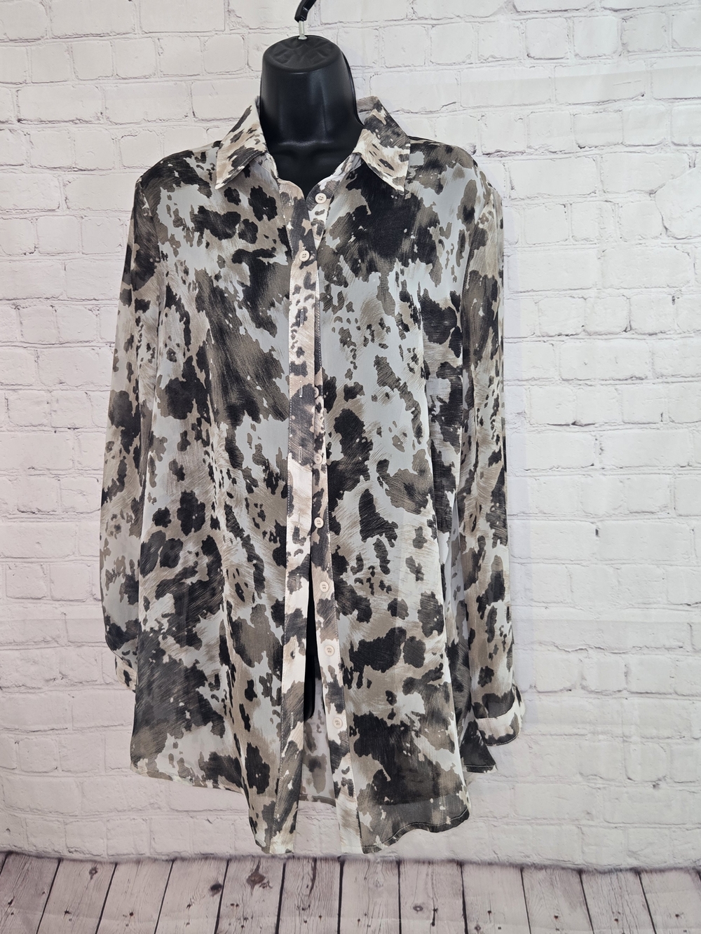 Pretty Little Thing Sheer Abstract Animal Print Button-Up Blouse -Neutral Tones
